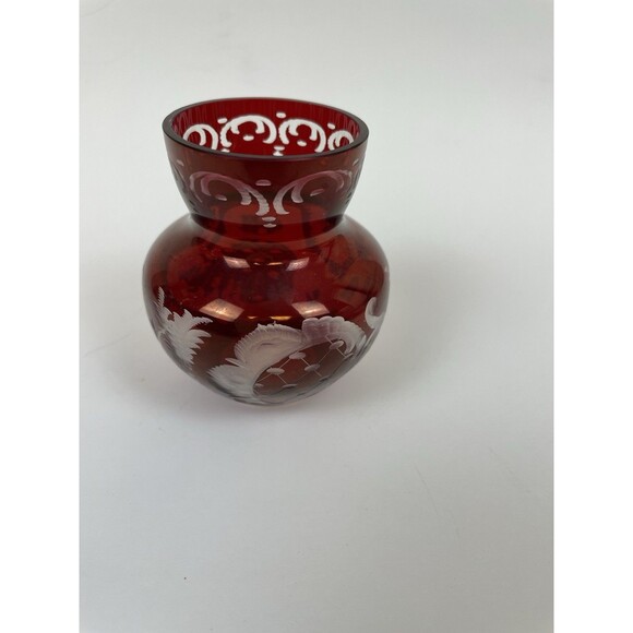 Vintage Egermann Czech Ruby Red Cut to Clear Etched Glass Mini Vase 3" - Picture 5 of 14